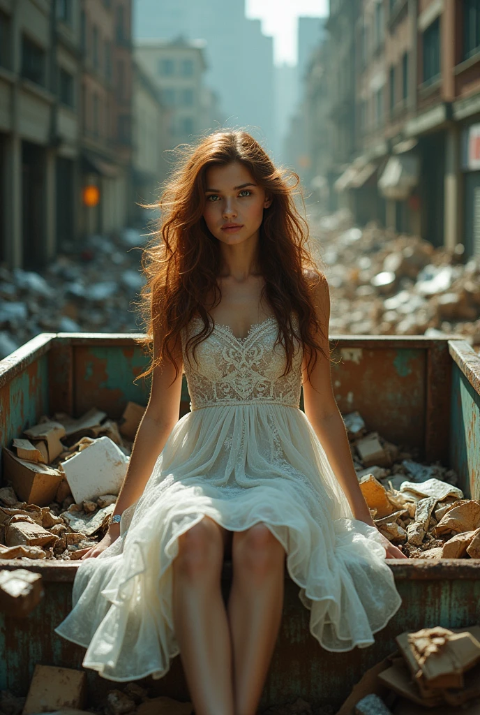Beautiful girl wearing dress in the middle of a dirty Dumpster mountain