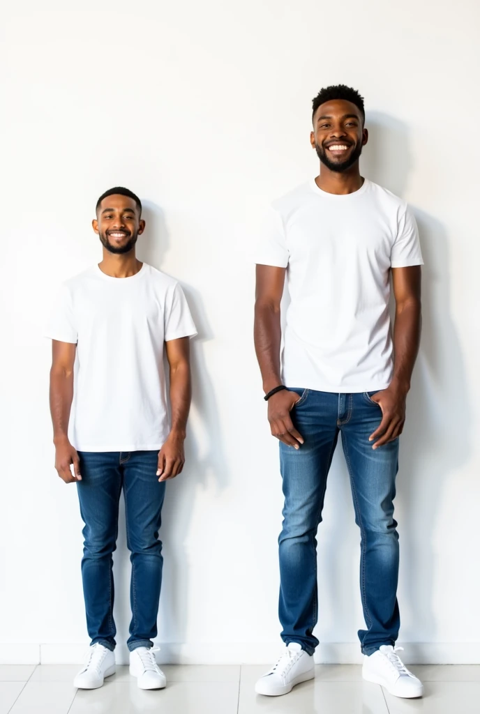 Create a split-image of the same man shown side by side against a plain white background to illustrate a before and after transformation. In the 'before' image on the left, depict the brown skinned man as shorter and wearing a plain white T-shirt and jeans. In the 'after' image on the right, show the same man 20 centimeters taller, wearing the same white T-shirt but with casual pants instead. Both images should have the man smiling and looking directly at the camera, with a noticeable difference in height and presence. The background should be minimalist with nice natural lighting, highlighting the transformation.