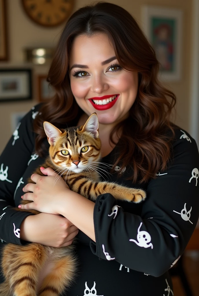 A white woman with chocolate brown hair, eyes browns, subtom frio, chubby, Dressed in a black dress with white cat print, All star therefore, She must be wearing red lipstick, She is holding a scaly cat with brown and yellow fur.