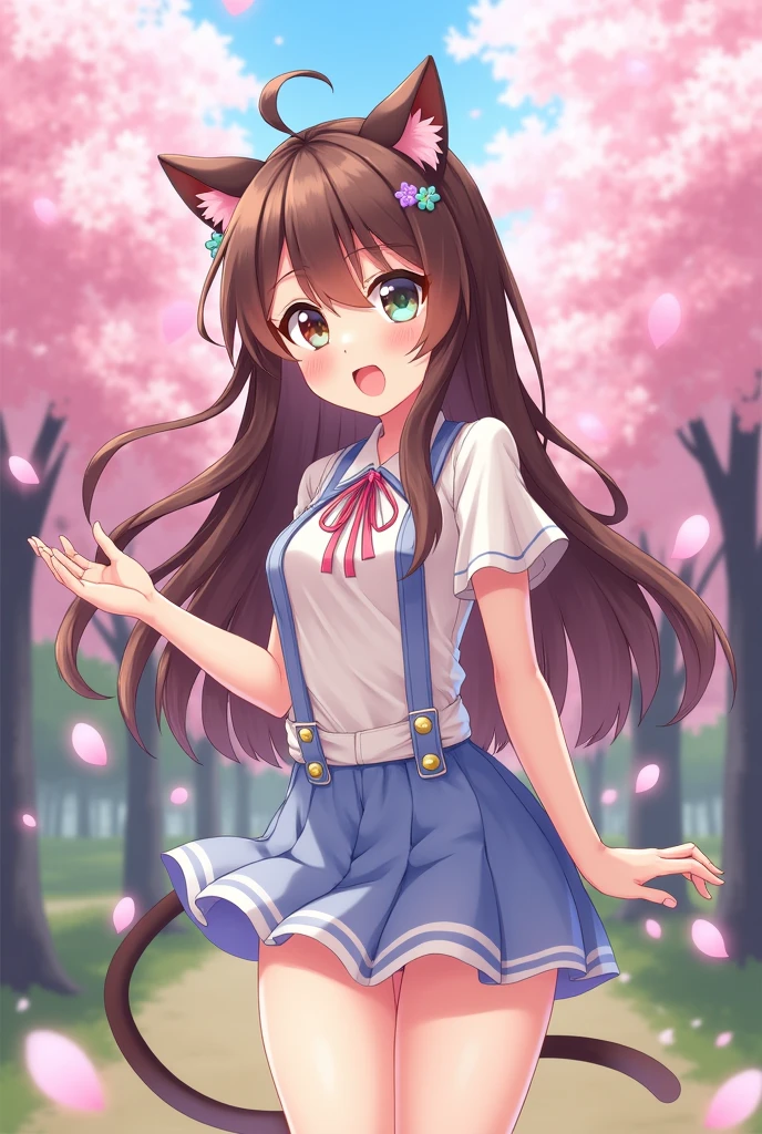 Cat ears, boy, long brown hair, cute, femboy, anime style,
doing a cute pose
