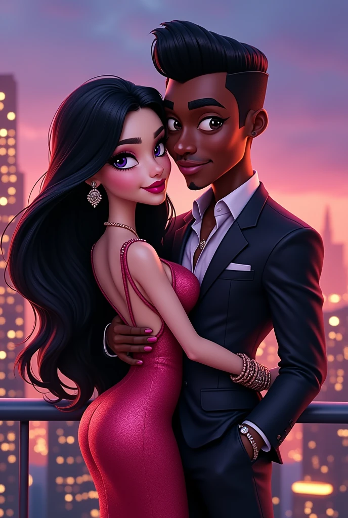 Black haired couple white skinned woman and dark skinned man Bratz style animated dressed elegant