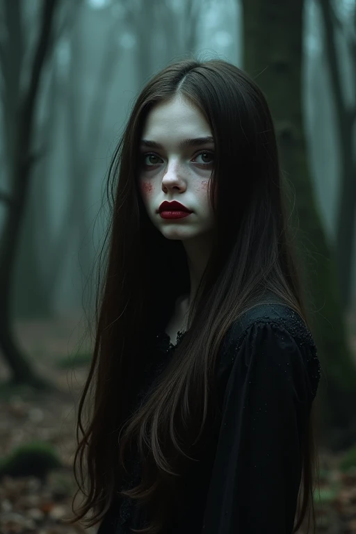 Vampire girl with chocolate brown eyes and long dark brown hair and she doesn't have bangs. She's slightly eerie and against the backdrop of the dark forest. Small eyes and small heart-shaped lips. The girl is covered in blood. It's in the style of goth and tim bertchen.ukiyo-e, anime style, SHE HAS NO BANGS. Covered in blood and looks terrifying. She's pale and about .