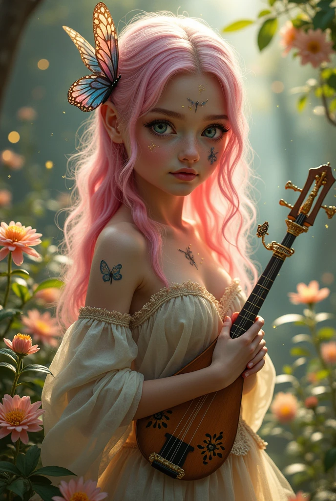 A very beautiful girl, Young and sexy with extremely pink hair with blue streaks. Her skin is white and delicate and has golden butterflies scattered that are like tattoos, besides her body being covered in a shiny golden powder, your eyes are silver, She is noble e possui vestes chiques e elegantes porém é uma aventureira filha de uma fada, She is noble, She is also a bard and loves music, She is always with her delicate lute, besides carrying her beautiful sword with her dagger shaped like a flower, Because she is a bard, she is always with her lute in hand and her beautiful sword with a flower-shaped dagger guarded..