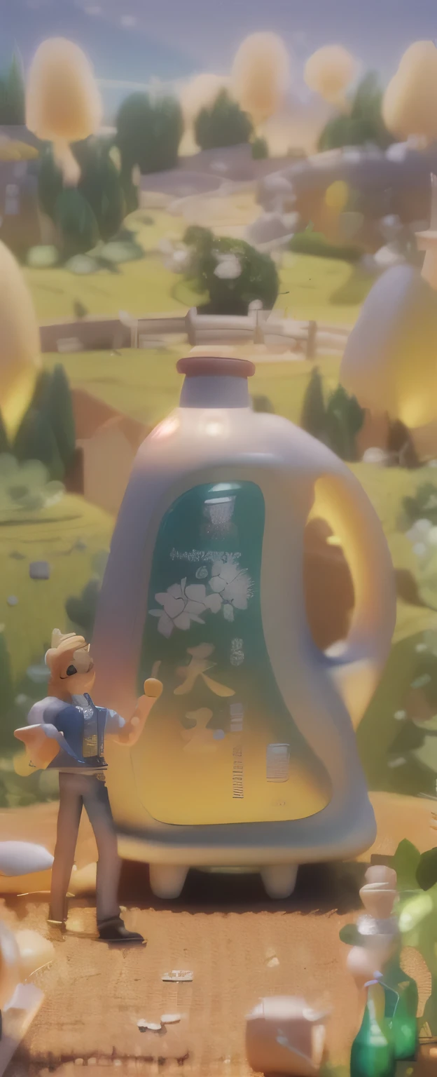 Close-up of a bottle of cooking oil on a table, miniature photography closeup, miniature photography, Micro World, 3D Model Macro Photography, Excellent composition, Fantasy painting,3D model of a cute, Extremely detailed scene, Amazing wallpapers, in a scenic background, Very detailed scene, Beautiful and detailed scenes,High definition picture 4k