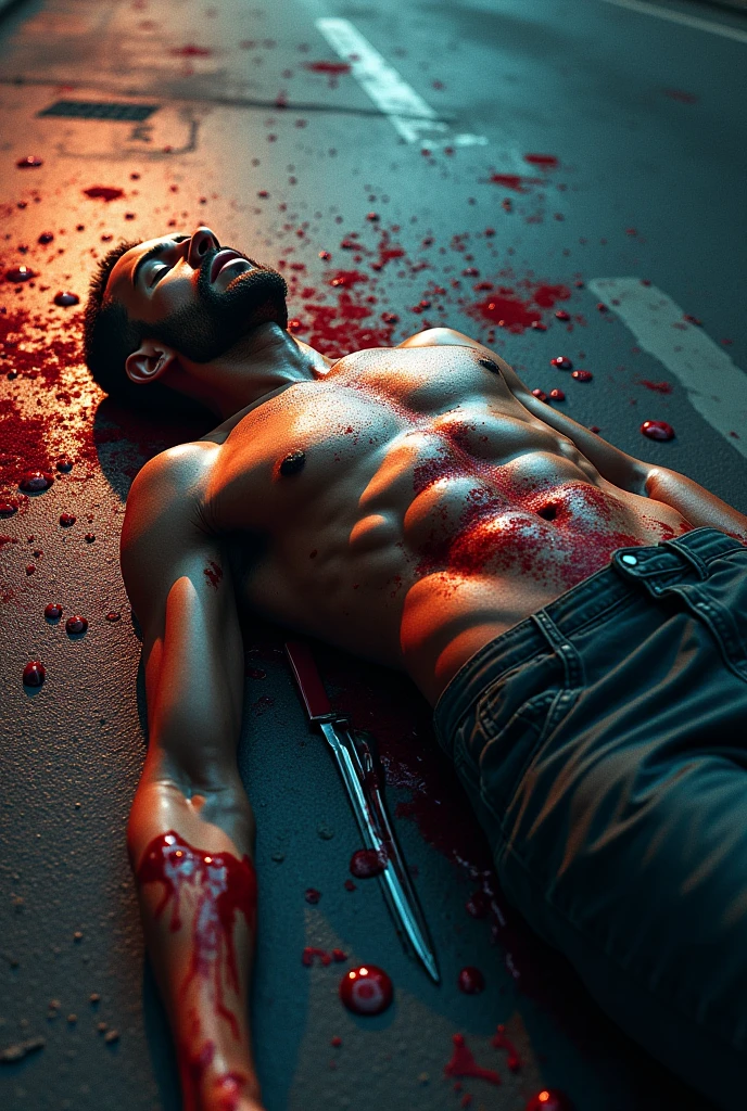 4k, ultra realistic, realistic, textured skin, crime scene, knife, stabbed, men,
dead body, with blood, colorful backgroud