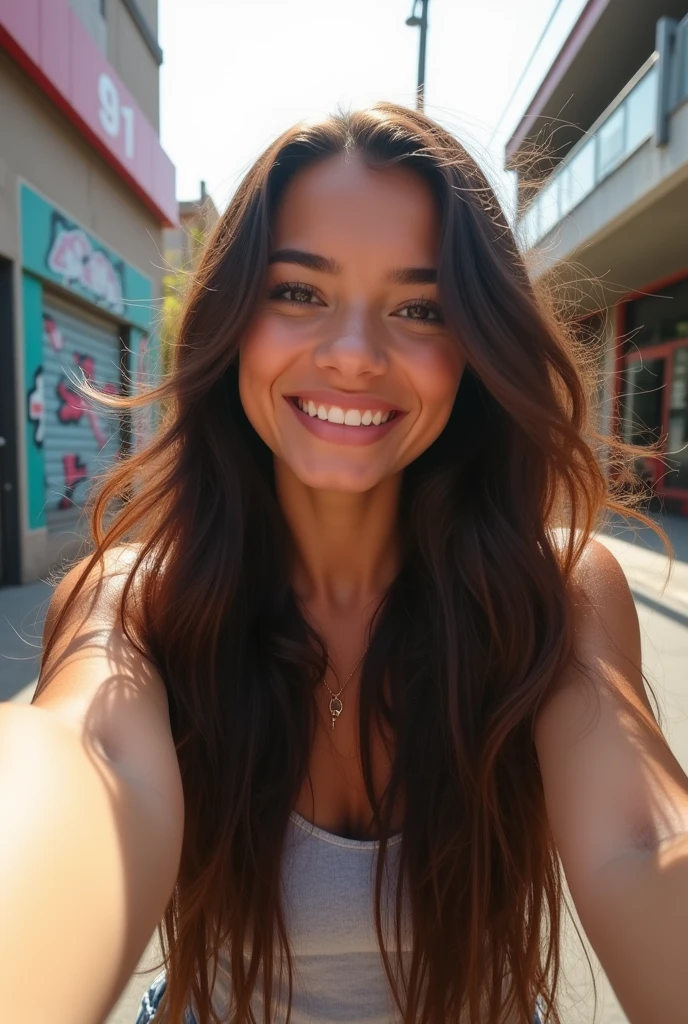 brunette cheveux long noir 20 ans lifestyle pour photos instagram très realiste selfie