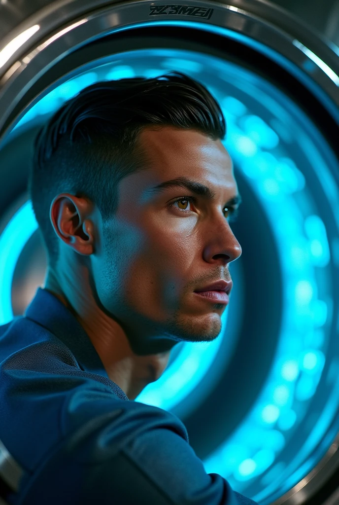 A realistic photo of Cristiano Ronaldo in a time machine, desaturated colors, strong blue cores, Focus on the face