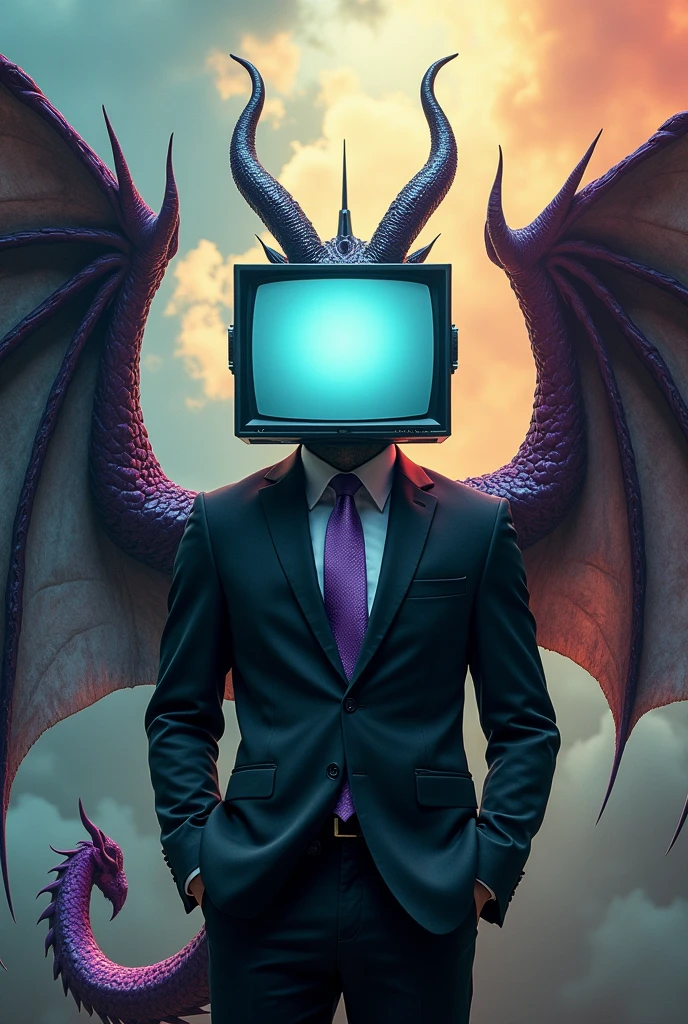 A man with tv head, blank screen and Ying yang colored sea dragon ears, 1 horn and 1 antena. Using a black suit and purple tie. Black and white colored dragon wings and purple tail, fierce