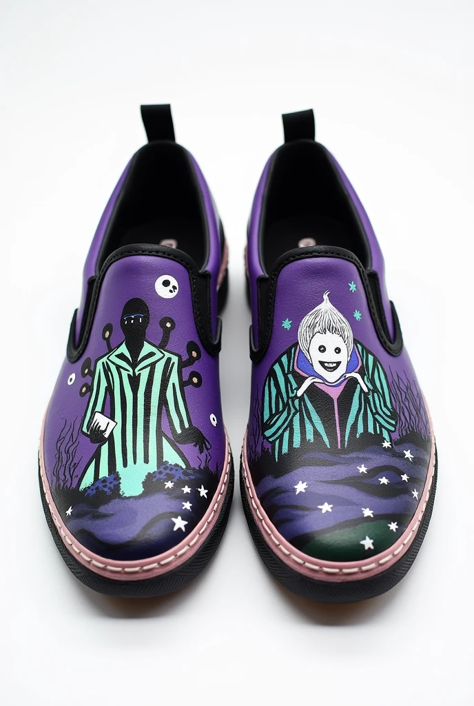 Create some hand-painted sneakers inspired by the movie Beetlejuice 2024, that it is a unique and elegant design