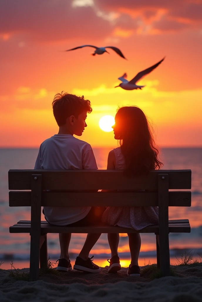 A boy and girl hand in hand and sitting on the bench near sun set near sea from behind teenage 