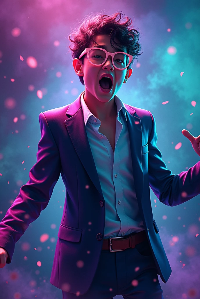 Make a wallpaper size picture(iPhone) I want to be a cool teenage boy wearing glasses and a suit, dancing wildly and yawning with a star-struck vibe. : Cool colors