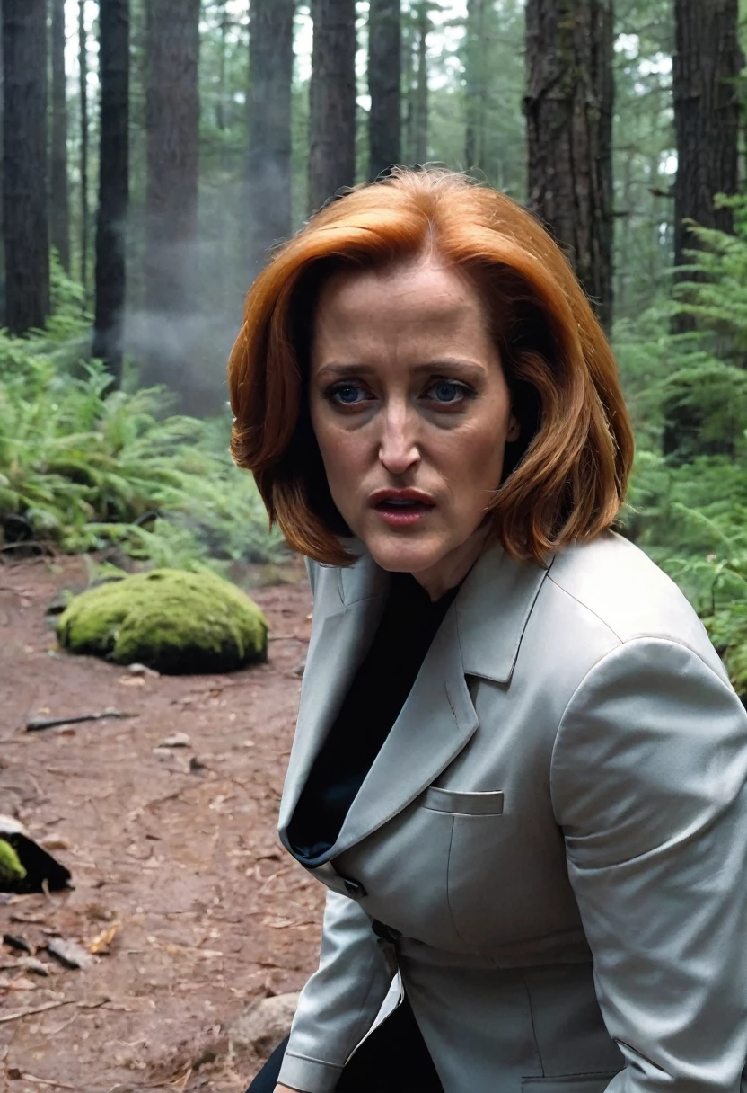 Gillian Anderson as Dana Scully, long hair, fucking hard, squirting hard, creampie, vaginal fuck, orgasm face, angry fuck, in the woods near a spaceship