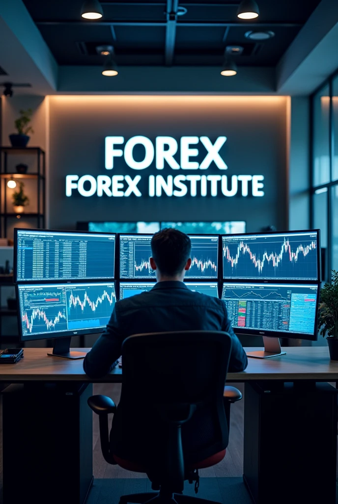 A forex trader sitting down trading, with a written word on the wall UKINGS FOREX INSTITUTE