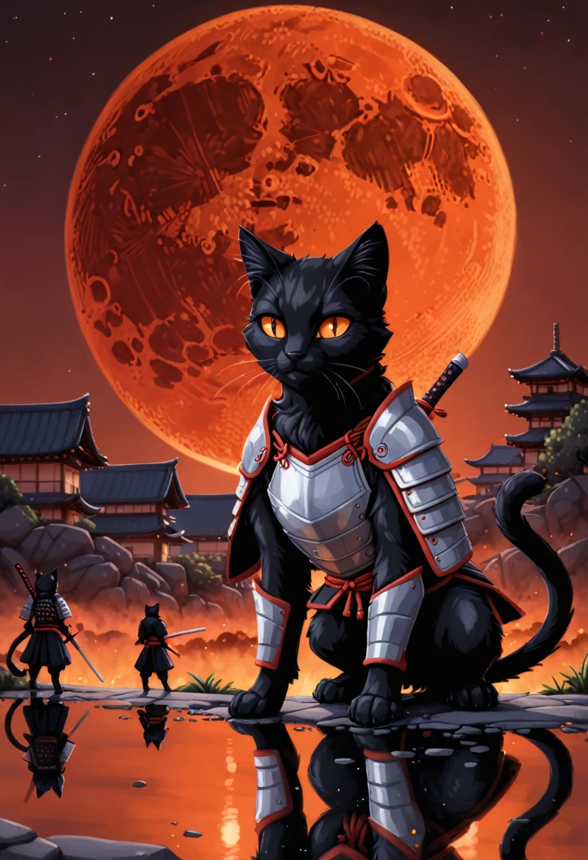 front view, best quality,  wide shot, 

The image features a humanoid black cat with orange cat eyes in a black and red samurai warrior's attire, standing against a backdrop of a large red moon the sky is glowing a dark red glow from the reflection of the moon light. The cat is positioned to the left side of the frame, facing right with its head slightly tilted upwards. It is wearing a detailed armor that resembles traditional samurai armor, complete with intricate designs and patterns. The armor is primarily black with silver accents, adding to the visual depth. The cat's ears are perked up, and its eyes are focused on something in the distance. A sword is sheathed on the cat's back, suggesting readiness for battle or a ceremonial stance. The red moon in the background casts an orange hue over the scene, accurate,

[by Alex Timmermans:by jaynaylor:0.25],
detailed background, detailed foreground, depth of field, ambient silhouette, backlighting,

