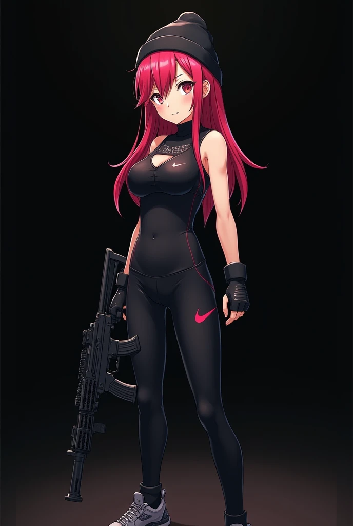 Anime girl in a Nike outfit with an AK-47 in a beanie (Black background) c эффектом Fisheye