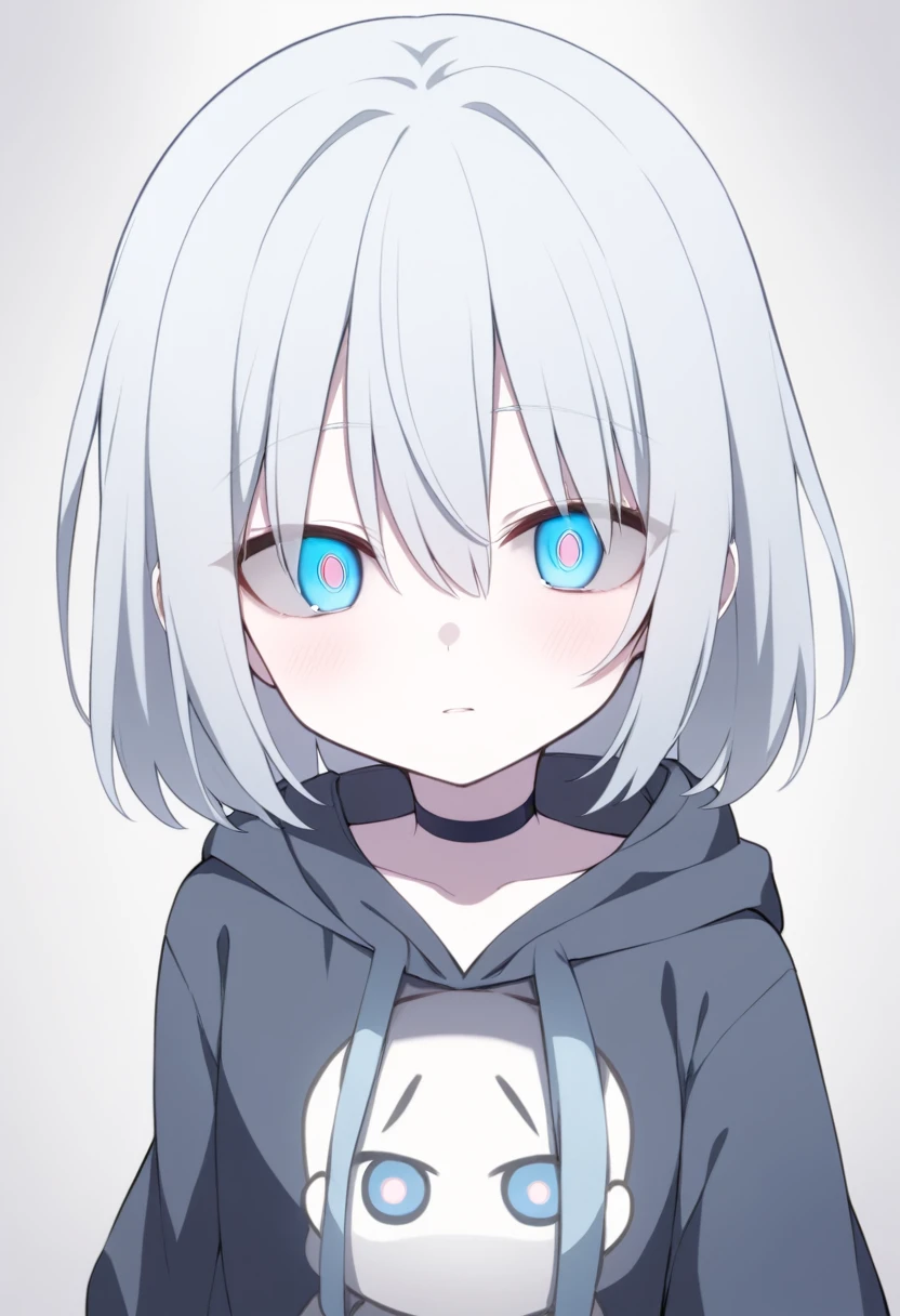 Pale glowing eyes, possessive, dependent, yandere, childhood friend, choker, blue eyes, hoodie, dark