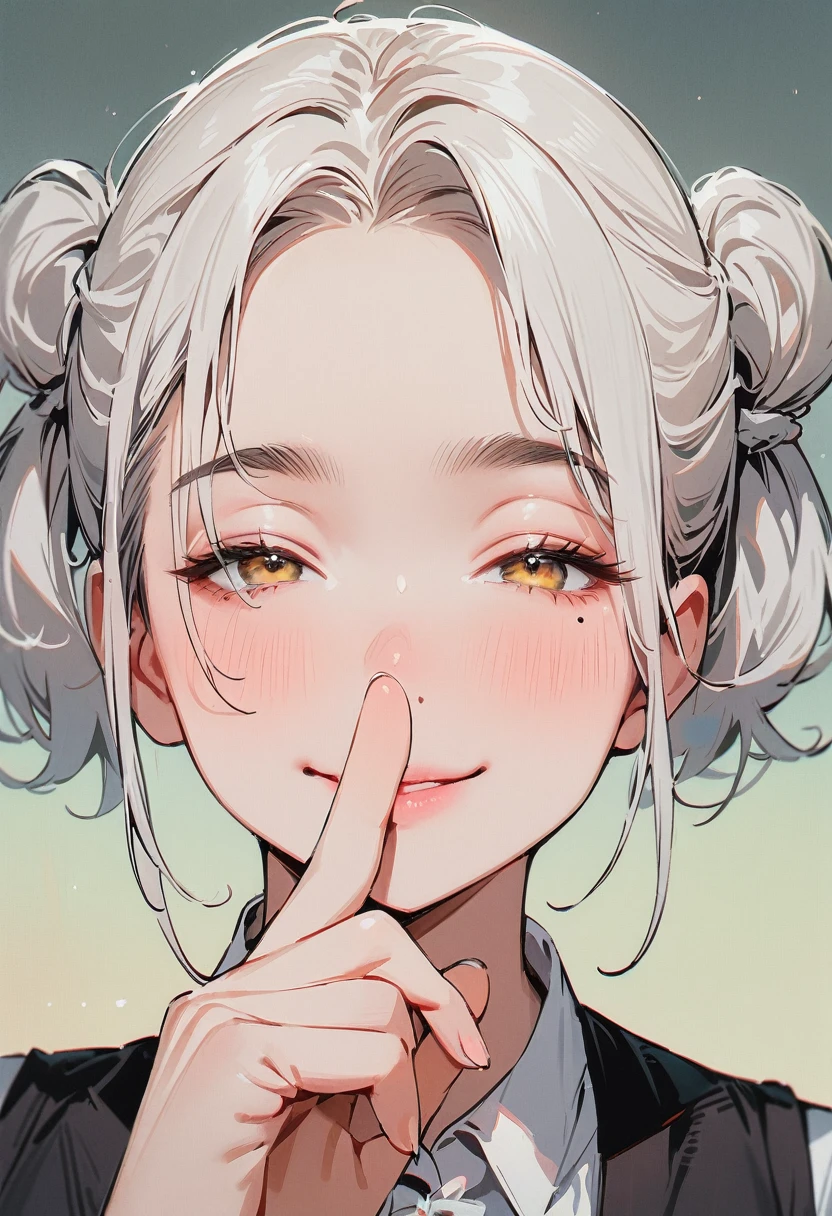 (masterpiece, best quality:1.4), 1 girl, 独奏, Black and white filter, Desaturate, Star pupil, Blurred eyes, Close your left eye, Smile, Look up and down, Fox gesture, Right tear mole, (Double ponytail hairstyle:1.2),  large breasts, , Vest, Black and white gradient background.