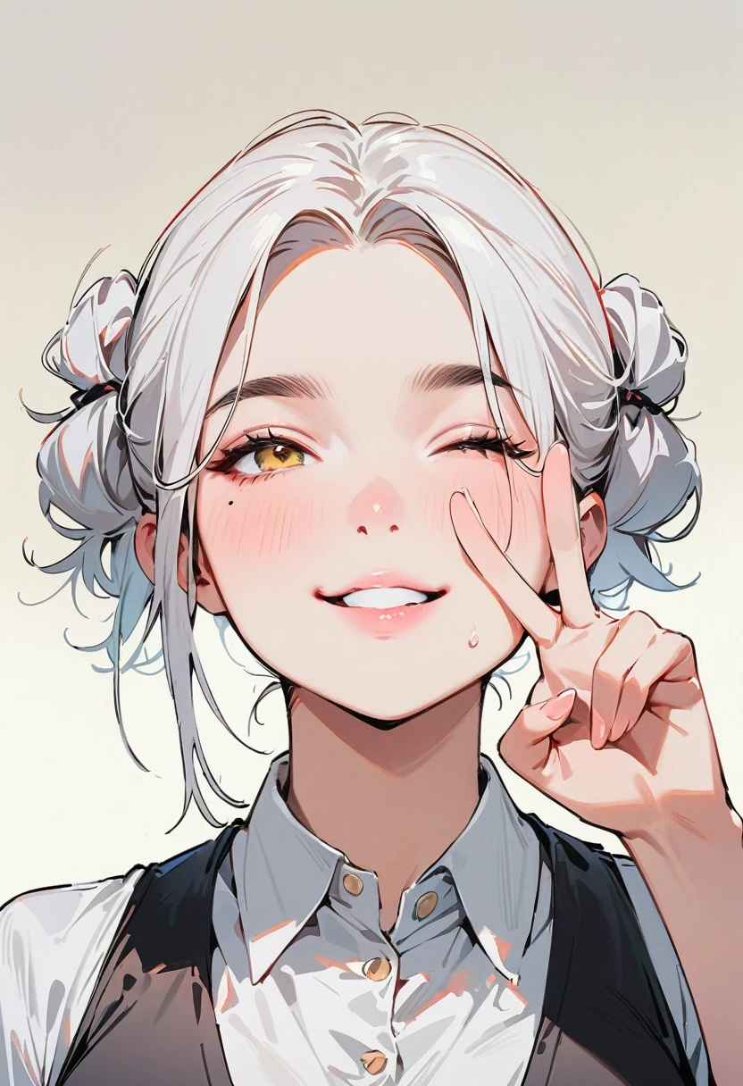 (masterpiece, best quality:1.4), 1 girl, 独奏, Black and white filter, Desaturate, Star pupil, Blurred eyes, Close your left eye, Smile, Look up and down, Fox gesture, Right tear mole, (Double ponytail hairstyle:1.2),  large breasts, , Vest, Black and white gradient background.