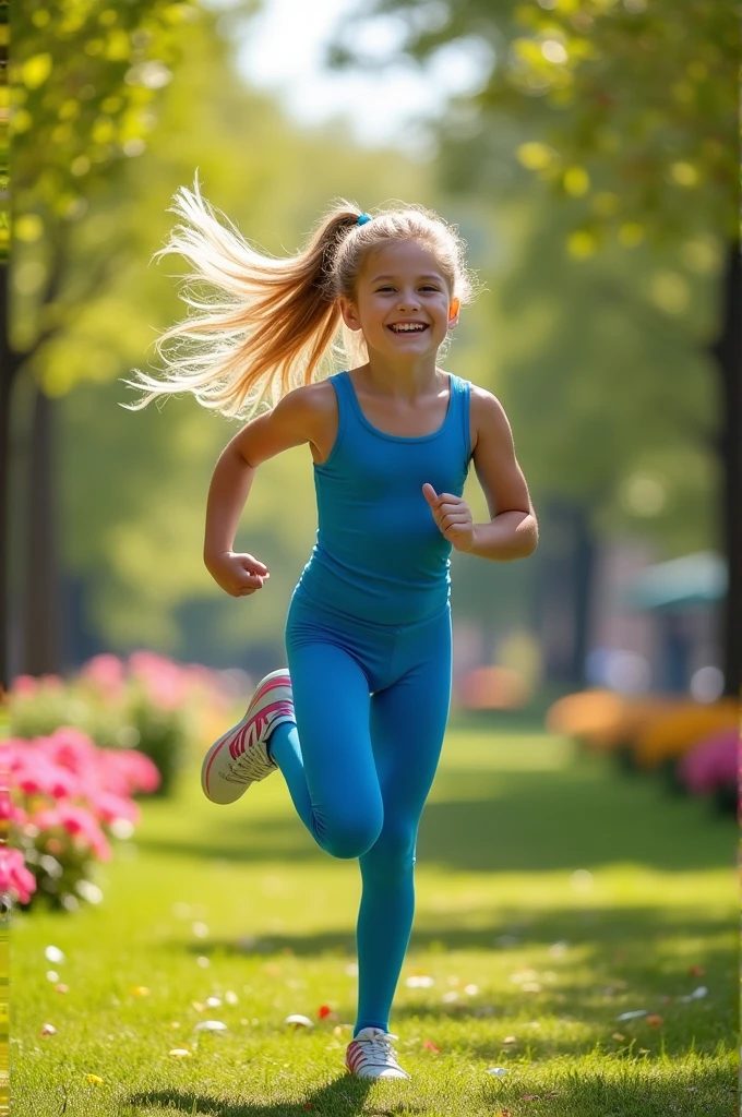 Blonde ponytail girl in blue spandies