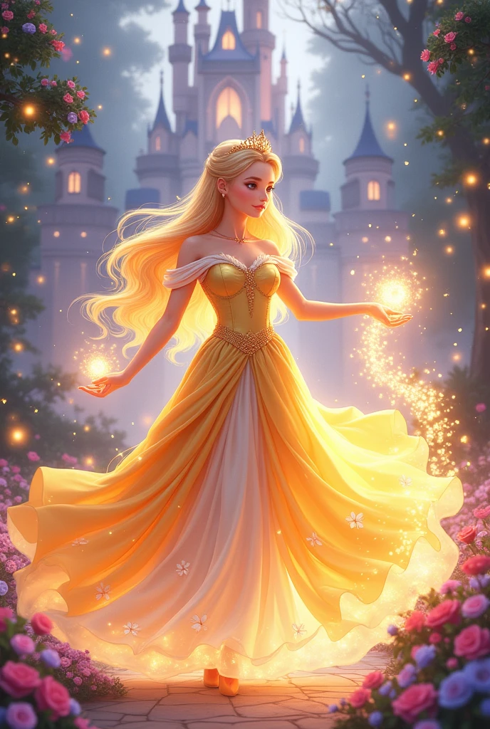 ((best quality)), ((masterpiece)), (detailed), A beautiful princess, casts shining light magic, has light-yellow hair, wears a tiara on her head, in anime style.