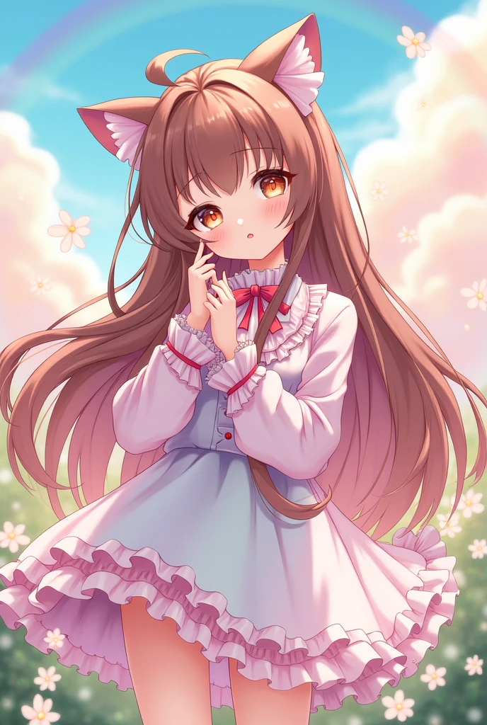 Cat ears, boy, long brown hair, cute, femboy, landidzu style,
doing a cute pose