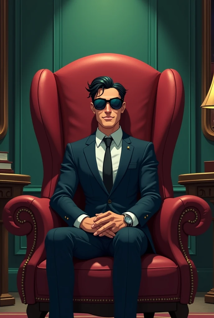 Cartoon enemy character, wearing a suit sit on chair
 Sunglasses and decent  and black hair, mature boy, 20 years years, old 