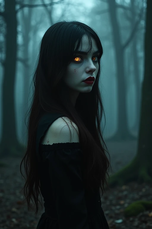 Vampire girl with chocolate brown eyes and long dark brown hair and she doesn't have bangs. She's slightly eerie and against the backdrop of the dark forest. Small eyes and small heart-shaped lips. The girl is covered in blood. It&#39;s in the style of goth and tim bertchen.ukiyo-e, anime style, SHE HAS NO BANGS. Covered in blood and looks terrifying. She's pale and about . anime style