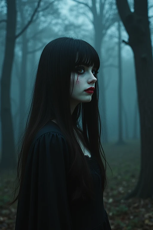 Vampire girl with chocolate brown eyes and long dark brown hair and she doesn't have bangs. She's slightly eerie and against the backdrop of the dark forest. Small eyes and small heart-shaped lips. The girl is covered in blood. It's in the style of goth and tim bertchen.ukiyo-e, anime style, SHE HAS NO BANGS. Covered in blood and looks terrifying. She's pale and about . anime style