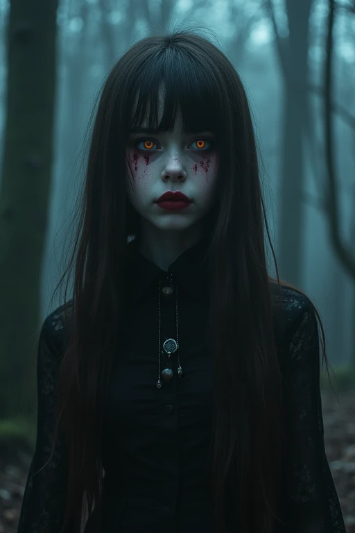 Vampire girl with chocolate brown eyes and long dark brown hair and she doesn't have bangs. She's slightly eerie and against the backdrop of the dark forest. Small eyes and small heart-shaped lips. The girl is covered in blood. It's in the style of goth and tim bertchen.ukiyo-e, anime style, SHE HAS NO BANGS. Covered in blood and looks terrifying. She's pale and about . anime style