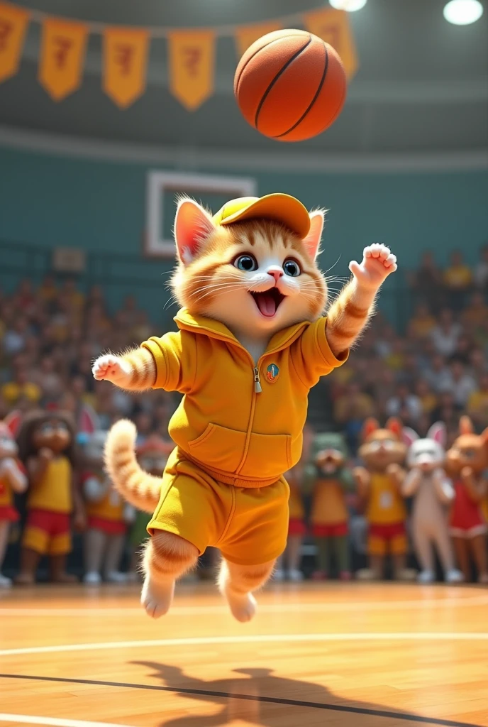 A cute cat dressed in a yellow outfit jumping up to swat the ball on the basketball court