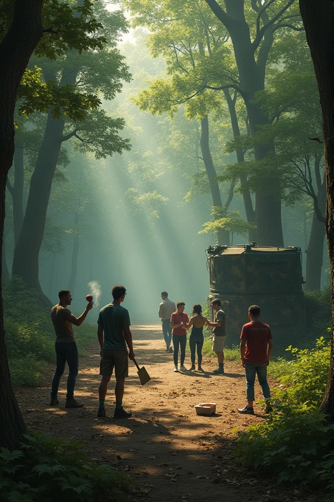 Me and my friends in world war 3, two are playing cricket, two are rapping, two are arguing, one is eating Chinese food, one is making art on canvas, two are arguing with each other. We are in a forest near a bunker. We are drafted in Pakistan army.