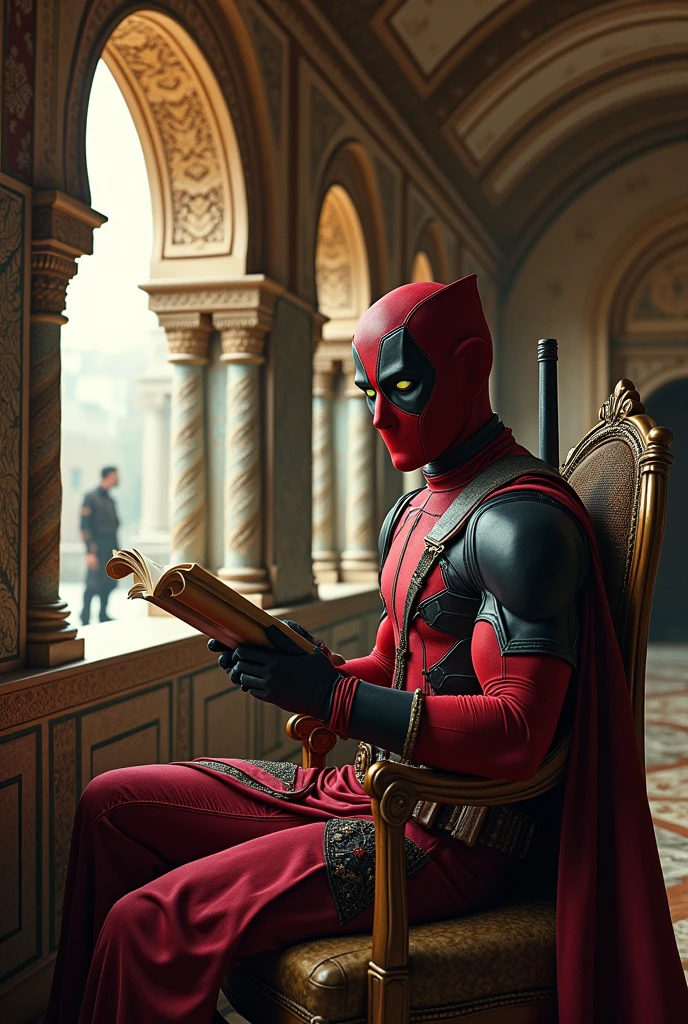 deadpool prince in an Ottoman palace, wolvereen, cinnamon skin, green eyes, wavy black hair, fine rostrum, toned, slender body, body hair, beautiful face, sitting reading a scroll by the window, in the background of the hall, a young Viking watches him, musculoso  beautiful face ,  strong, masculine with perfect proportions, wearing Viking garb and a sword , the viking gazes lovingly at the prince,  a dark being watches from the window