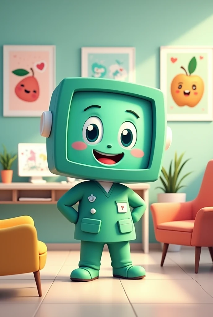 mascot, medical computer with green clothes, for a consultation clinic, glad , elucidating health