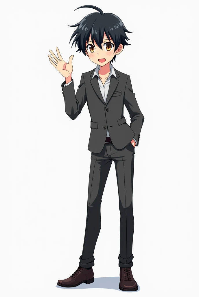 
A simple 2d anime men character standing with black hair brown eyes hand in explaining gesture full body no background 
