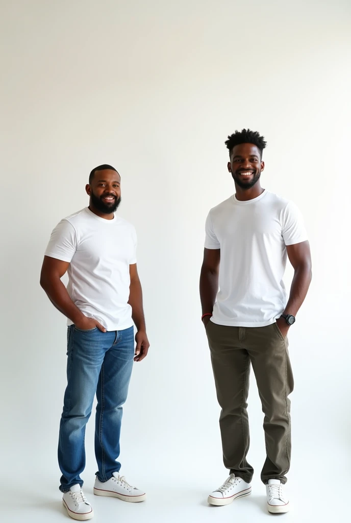 Create a split-image of the same man shown side by side against a plain white background to illustrate a before and after transformation. In the 'before' image on the left, depict the brown skinned man as shorter and wearing a plain white T-shirt and jeans. In the 'after' image on the right, show the same man 17 centimeters taller, wearing the same white T-shirt but with casual pants instead. Both images should have the man smiling and looking directly at the camera, with a noticeable difference in height and presence. The background should be minimalist with nice natural lighting, highlighting the transformation.