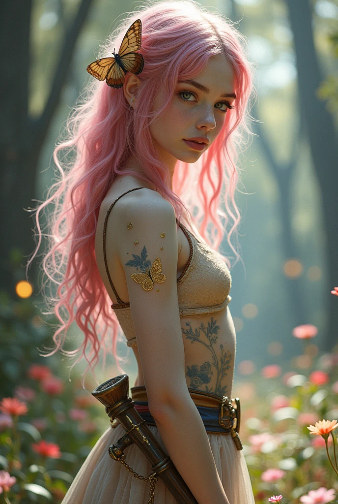 A very beautiful girl, Young and sexy with extremely pink hair with blue streaks. Her skin is white and delicate and has golden butterflies scattered that are like tattoos, besides her body being covered in a shiny golden powder, your eyes are silver, She is noble e possui vestes chiques e elegantes porém é uma aventureira filha de uma fada, She is noble, She is also a bard and loves music, She is always with her delicate lute, besides carrying her beautiful sword with her dagger shaped like a flower, Because she is a bard, she is always with her lute in hand and her beautiful sword with a flower-shaped dagger guarded..