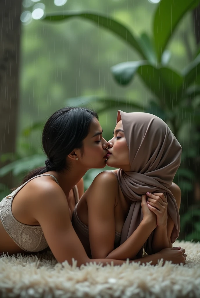 beautiful hijab indonesian lesbian girl laying down,bra and panties,hugging,french kiss,breast grope,view from far,,raining,x