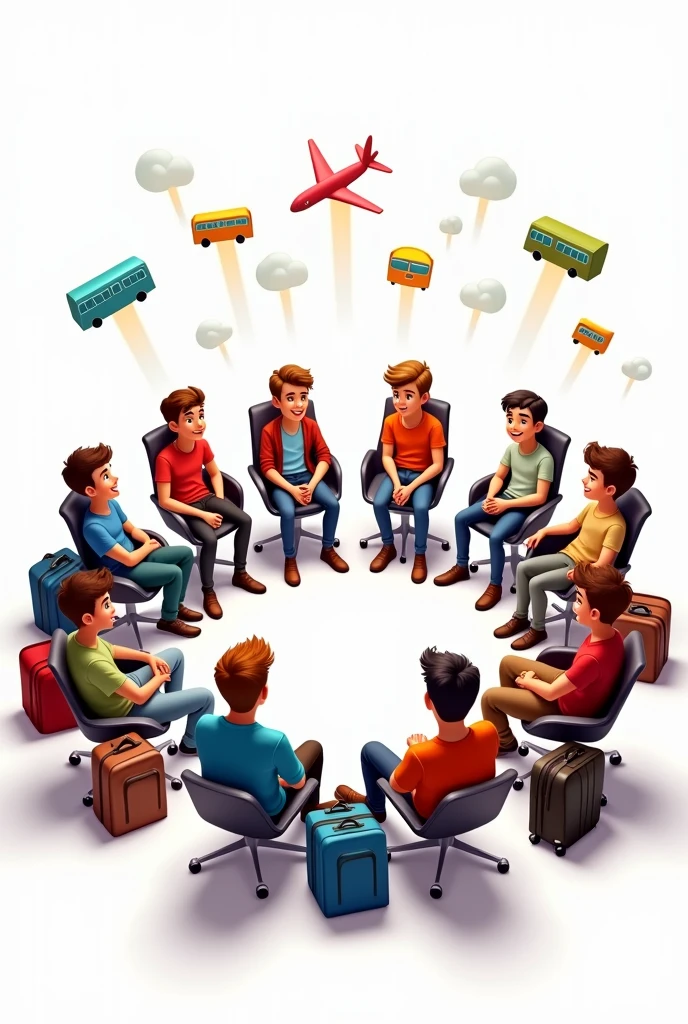 let's make image for me.I will use the image for a group photo. the group is about discussion of tour. and in the group there are eight of boys whom are study in inter 2nd year. let's make the image with white background,and animated people. also with two related short icon which will apears transparently on the photo. add more transparent icon about tour,bus and train.make this image more suitable to use for a group profile picture of facebook. and also make the viewing angle from the top. Make them seated on chair roundly.in this same picture at some college bags and luggage near the chair. make sure that bags and luggages are full of cloth and tourism equipment.