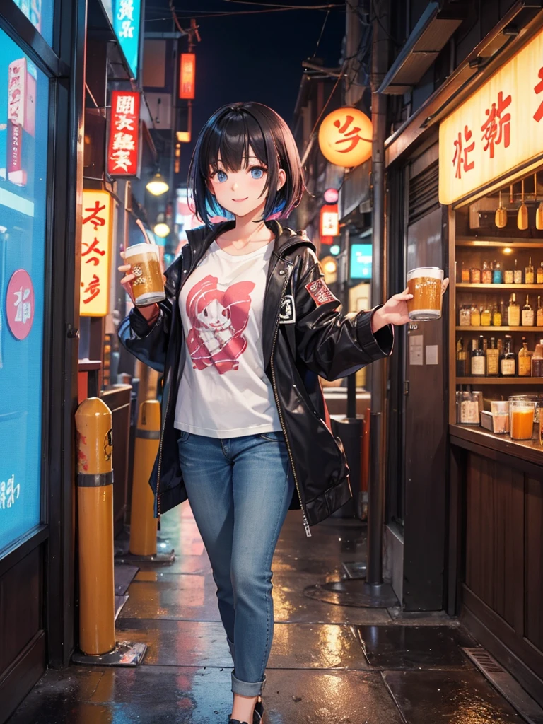 High resolution,Perfect Anatomy,Accurate anatomy,1 person ,Trending Hair,Trending Hair color,Trendy T-shirt,Trending Fashion,Various styles,fullbody
Future city Tokyo, Inside a cozy, modern izakaya, Cheerfully holding a frosty mug of draft beer in both hands. she is smiling brightly, Her face shining with happiness. The city's neon lights and the izakaya's vibrant signboards are reflected in the glass windows. The girl has short black hair, Properly styled, and、Sporting a stylish jacket and shimmering accessories、A casual outfit with a touch of futuristic elements. The atmosphere around her is warm, Vibrant, and満ち溢れる喜び.