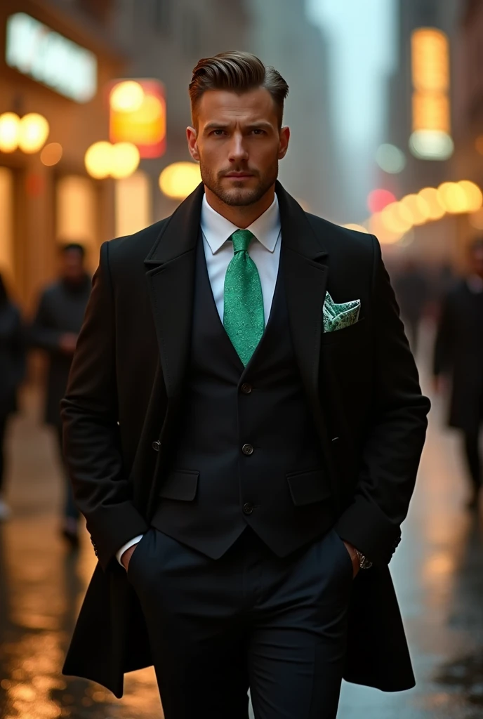 A man with black coat and pants with light green necktie and squarepocket