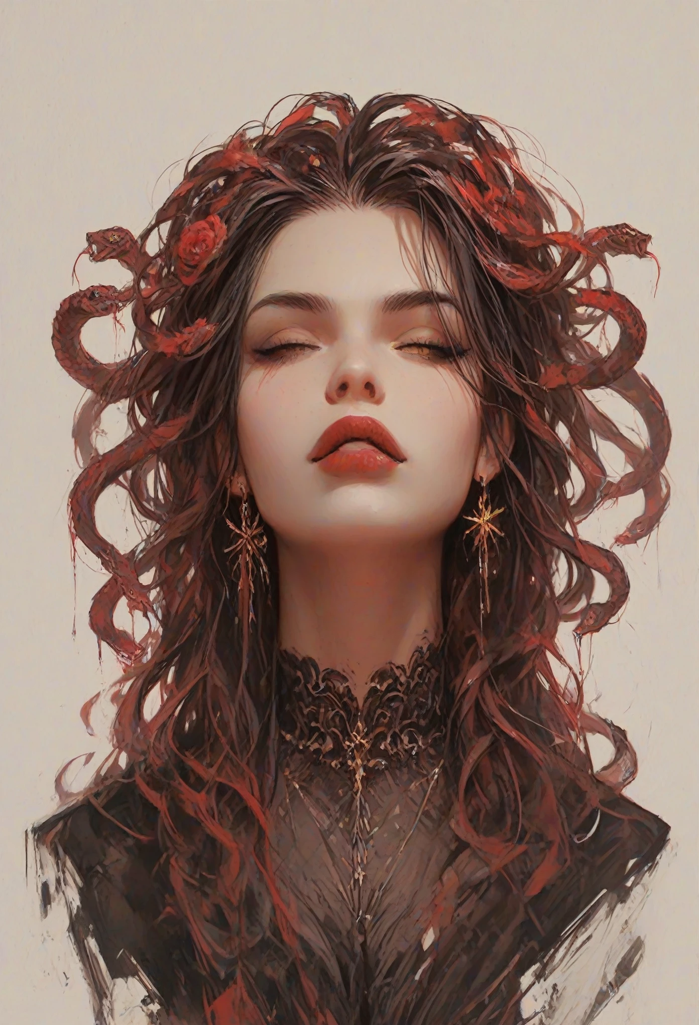 Realistic Digital Painting with Concept Art Elements"," digital painting," "concept art," "realistic," "high detail", "muscular",, "high-res", "ominous aura,", "8k resolution", "oil painting", "darker tone" , "dark saturation" ,"dark feeling", "concept art" , "detailed features" , "detailed eyes" , "1women, "medusa" , "snake hair" , "beautiful" , slit snake eyes" , "dangerous" , "Greek maroon dress", "lips slightly parted"
