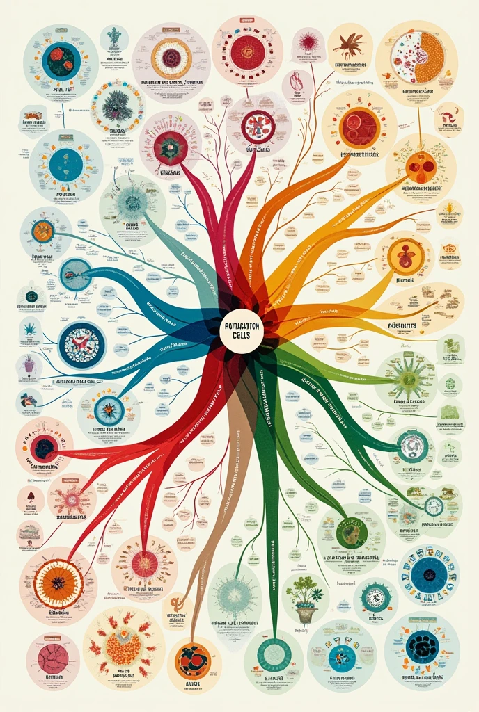 Create a mind map image, containing: Main types of cells

Differences between prokaryotic and eukaryotic cells

Differences between plant and animal cells

Organelles and their main functions