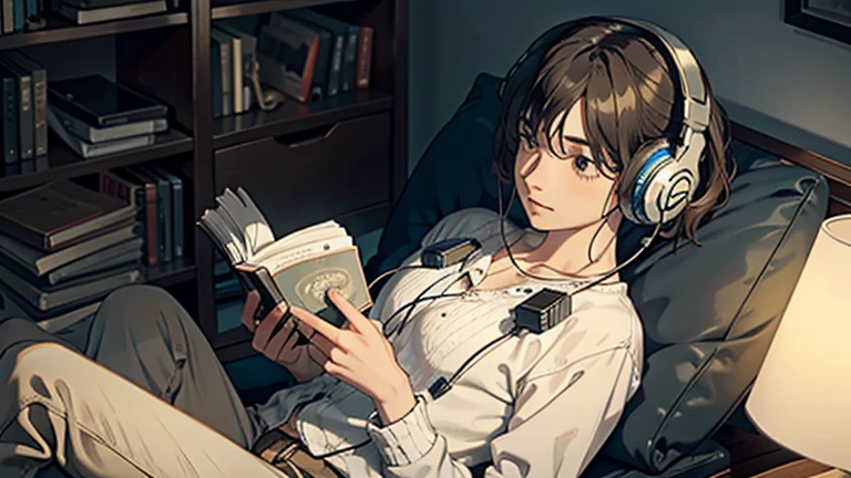 Reading a book, Listening to music through headphones
