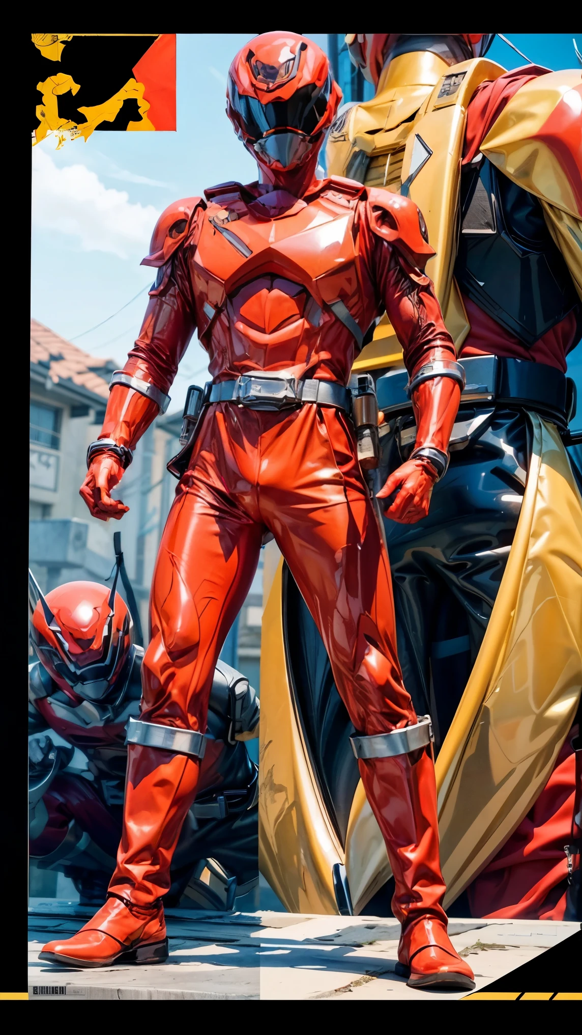 1boy, gold, full body, Illustration, cinematic light, high resolution, best quality, ultra detailed, masterpiece, power suit, powerranger, suit, spd, (Red ranger suit), gold detail, 