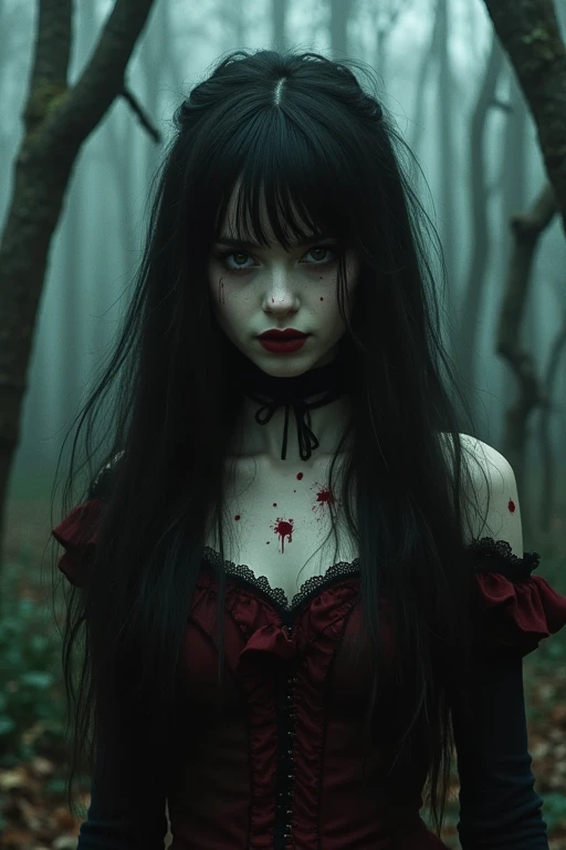 Vampire girl with chocolate brown eyes and long dark brown hair and she doesn't have bangs. She's slightly eerie and against the backdrop of the dark forest. Small eyes and small heart-shaped lips. The girl is covered in blood. It's in the style of goth and tim bertchen.ukiyo-e, anime style, SHE HAS NO BANGS. Covered in blood and looks terrifying. She's pale and about . Anime style ANIME STYLE