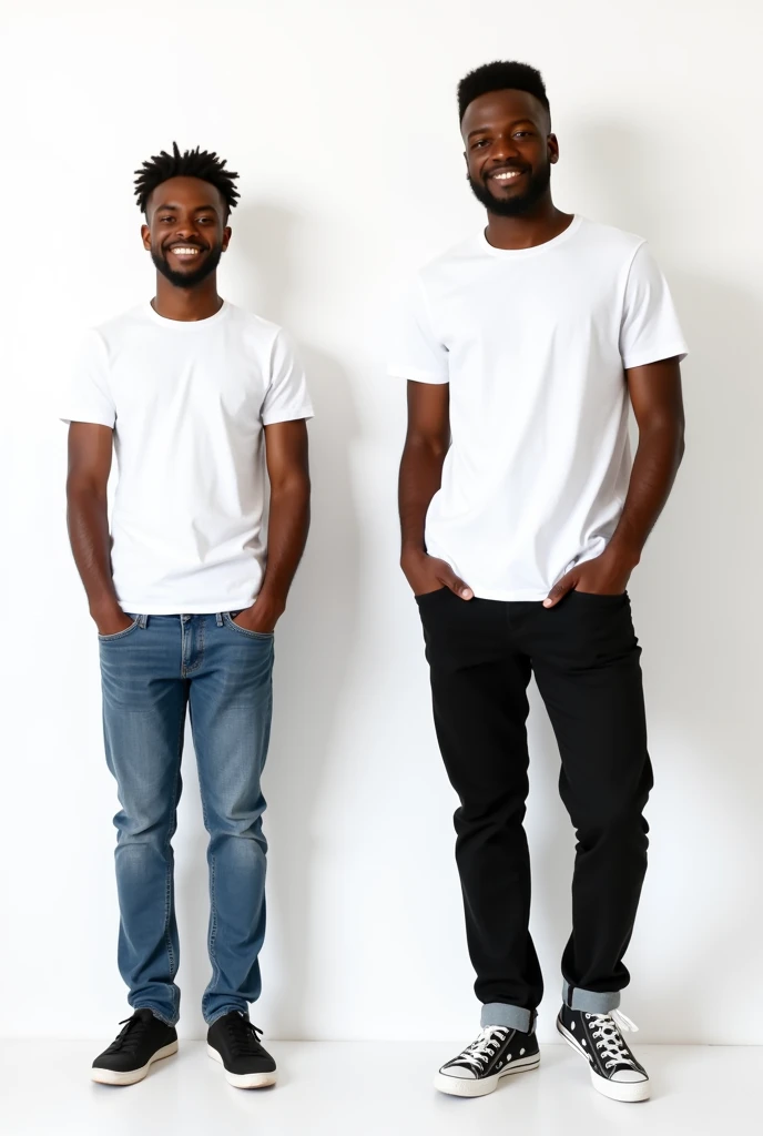 Create a split-image of the same man shown side by side against a plain white background to illustrate a before and after transformation. In the 'before' image on the left, depict the brown skinned man as shorter and wearing a plain white T-shirt and jeans. In the 'after' image on the right, show the same man 17 centimeters taller, wearing the same white T-shirt but with casual pants instead. Both images should have the man smiling and looking directly at the camera, with a noticeable difference in height and presence. The background should be minimalist with nice natural lighting, highlighting the transformation.