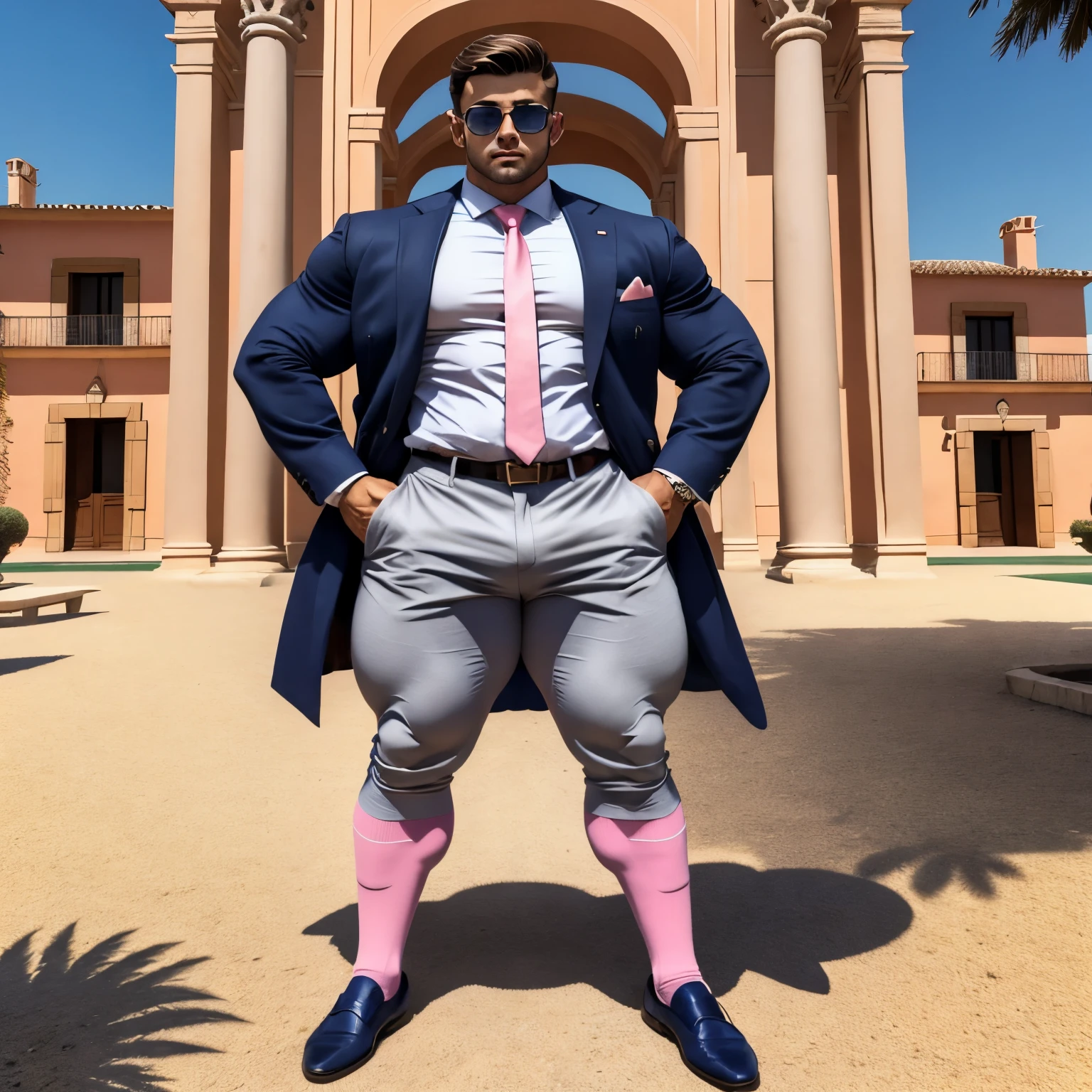 full body photo of one young 18 yo european white preppy handsome man with a excessively big, strong, hooked massive nose, wearing navy-blue blazer, grey chino pants, light-pink ribbed socks, no shoes, light-pink shirt, navy-blue tie, preppy haircut, wayfarer black sunglasses, one ancient precious gold signet ring, arrogantly posing in his pink socks in the middle of terrace chairs in front of mansion in Andalusia, Spain.