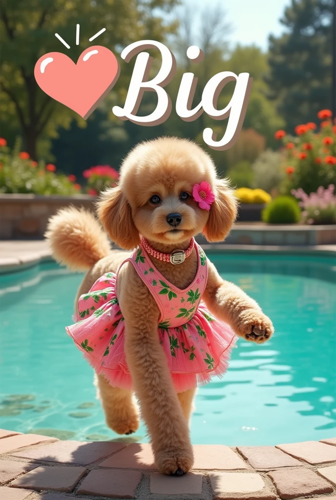 A poodle wearing a dress,in the background is a large pool and a big garden,大きい on the screen is written in 大きい letters on the screen,Heart symbol、