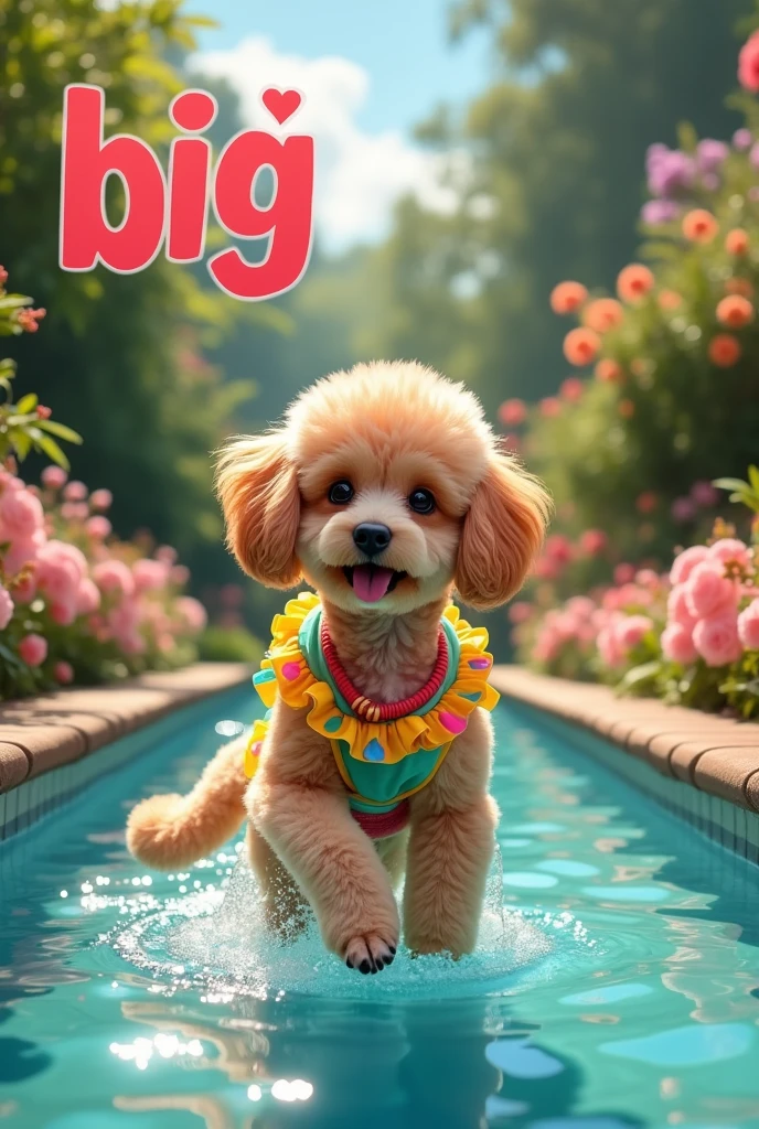 A poodle wearing a dress,in the background is a large pool and a big garden,大きい on the screen is written in 大きい letters on the screen,Heart symbol、