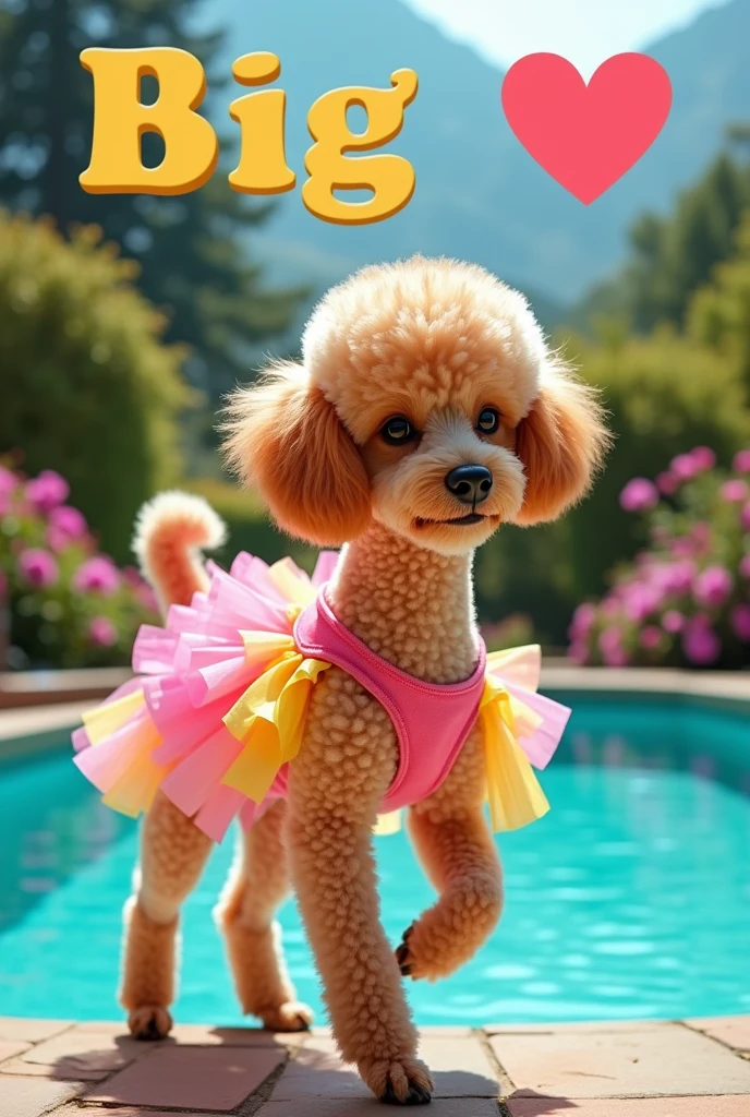 A poodle wearing a dress,in the background is a large pool and a big garden,大きい on the screen is written in 大きい letters on the screen,Heart symbol、